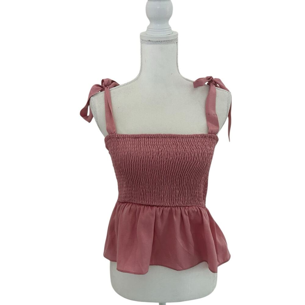 Lovers and Friends Revolve Harmony Smocked Shoulder Tie Pink Top Size Medium - Picture 4 of 13